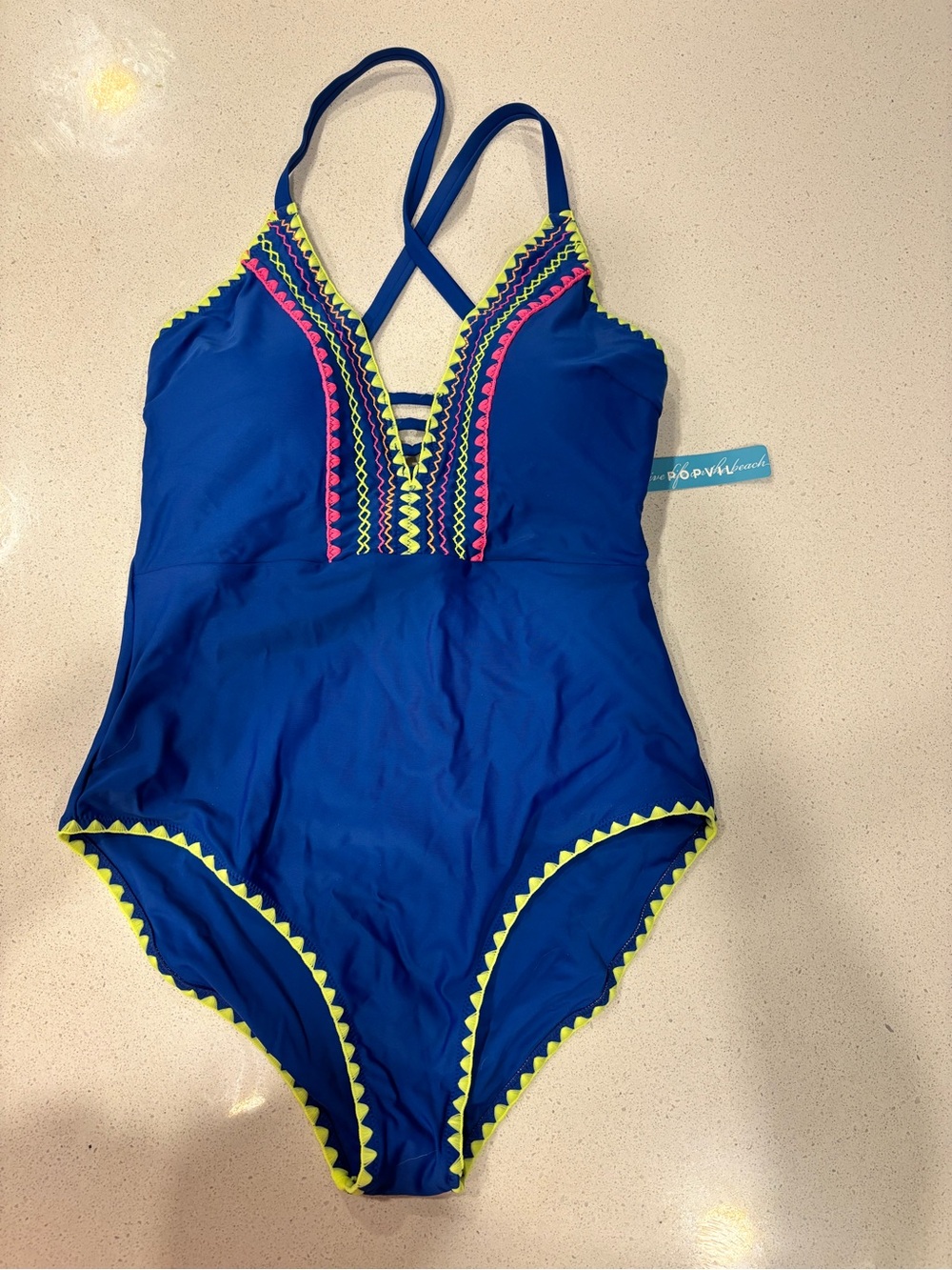 Blue One-Piece Swimsuit with Neon Trim